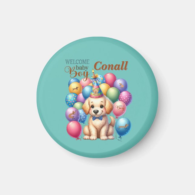 Welcome Baby Boy Puppy Dog and Balloons Design Magnet (Front)