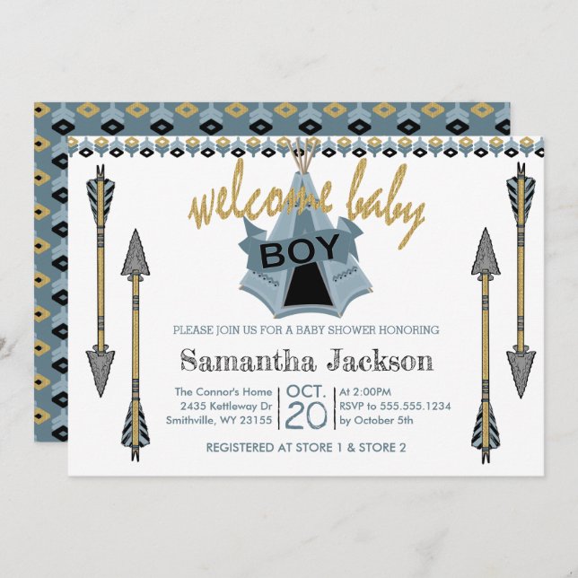 Welcome Baby Boy - Teepee and Arrows Invitation (Front/Back)