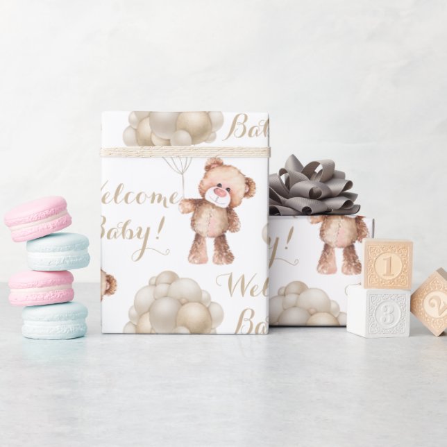 Welcome baby brown teddy bear and balloons  wrapping paper (Baby Shower)