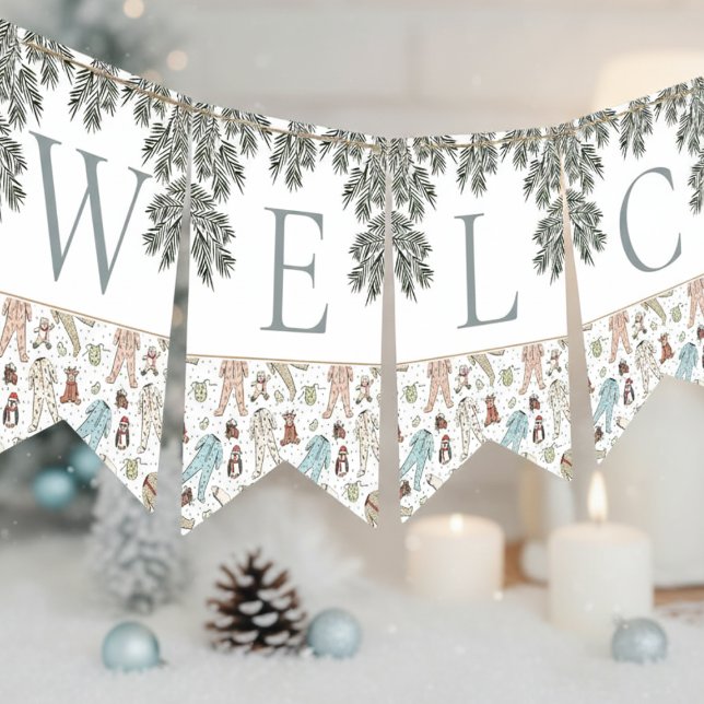 Welcome Baby Christmas Winter Baby Shower Bunting (Winter Christmas Baby Shower Bunting Flags. Cute Baby Pajamas, Penguin, Teddy Bear, Reindeer & Pine)