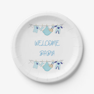 Welcome Baby Clothesline Paper Plates - Baby Boy