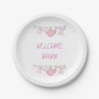 Welcome Baby Clothesline Paper Plates - Baby Girl