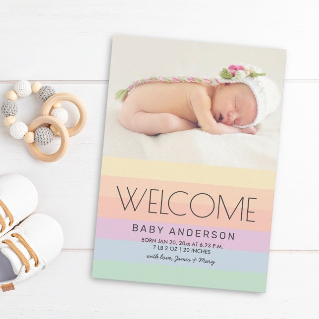 Welcome Baby Elegant Pastel Rainbow Photo Birth Announcement (Creator Uploaded)