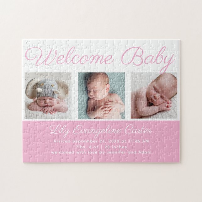 Welcome Baby Girl Blue Cute Newborn Photo Gift Jigsaw Puzzle (Horizontal)
