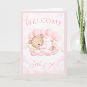 Welcome Baby Girl Custom Name Pink Bear Card