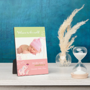 Welcome Baby Girl Cute Pink Elephant Baby Photo Plaque
