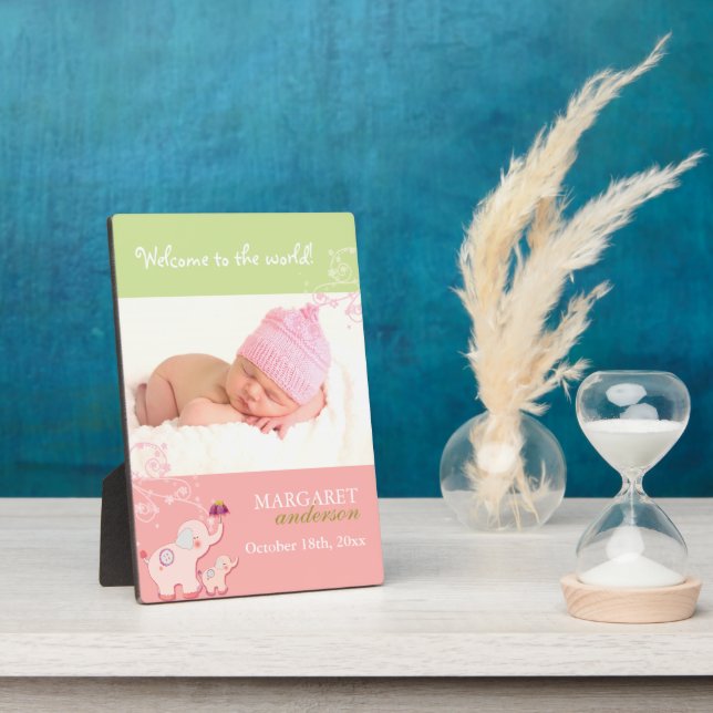Welcome Baby Girl Cute Pink Elephant Baby Photo Plaque (Side)