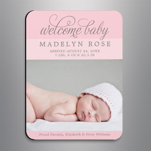 Welcome Baby Girl   Elegant Light Pink Photo Birth Magnet
