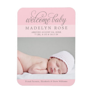 Welcome Baby Girl   Elegant Light Pink Photo Birth Magnet