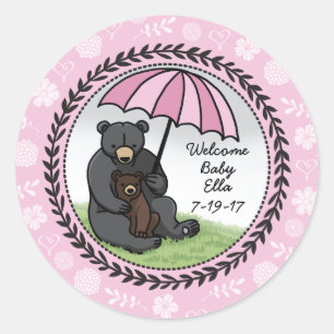 Welcome Baby Girl Mama Bear and Cub Personalised Classic Round Sticker