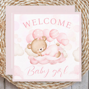 Welcome Baby Girl Name Personalised Pink Bear Card