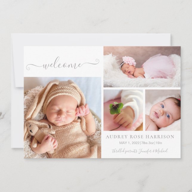 Welcome Baby Girl Photo Collage Birth Announcement (Front)