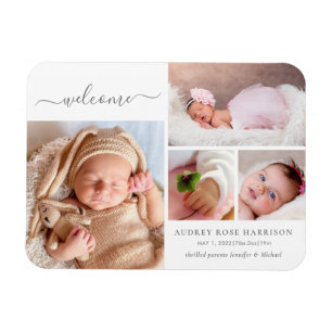 Welcome Baby Girl Photo Collage Birth Announcement Magnet