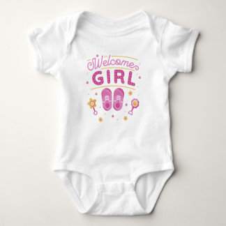 Welcome Baby Girl with Hearts and Footprints Baby Bodysuit