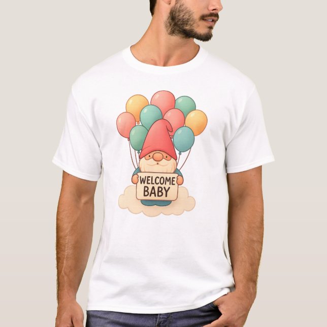 Welcome Baby Gnome with Pastel Balloons T-Shirt (Front)