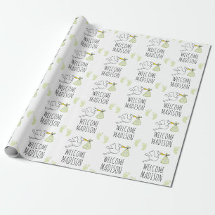 Welcome Baby Green Stork & Footprint Wrapping Paper