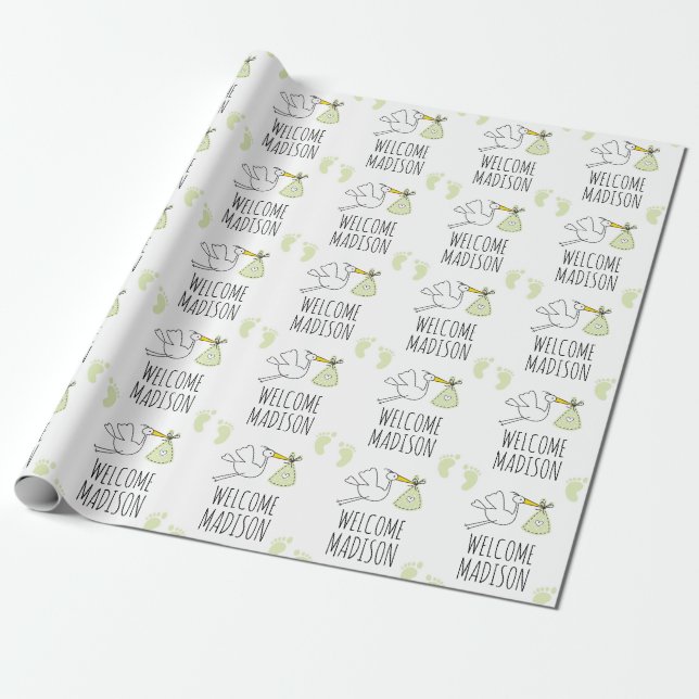 Welcome Baby | Green Stork & Footprint Wrapping Paper (Unrolled)