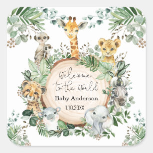 Welcome Baby Greenery Jungle Animals Favours Square Sticker