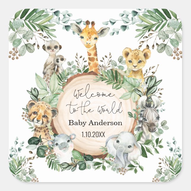 Welcome Baby Greenery Jungle Animals Favours Square Sticker (Front)