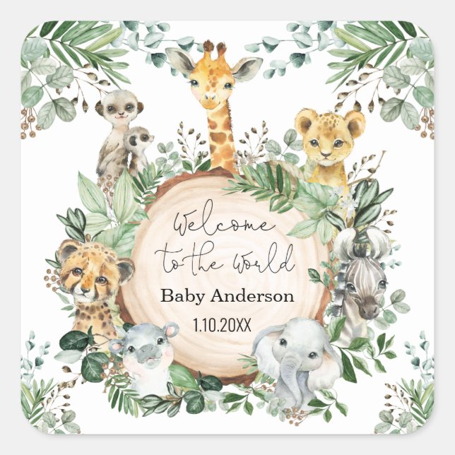 Welcome Baby Greenery Jungle Animals Favours Square Sticker (Front)