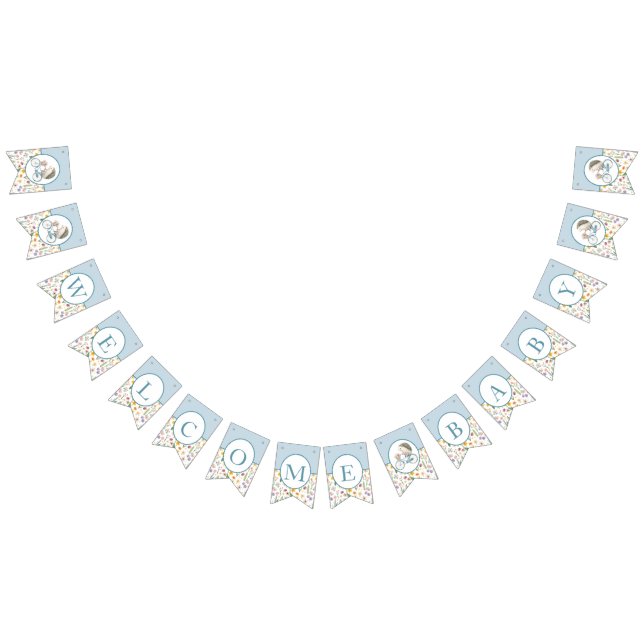 Welcome Baby Hedgehog Floral Bunting Flag - Blue (All)