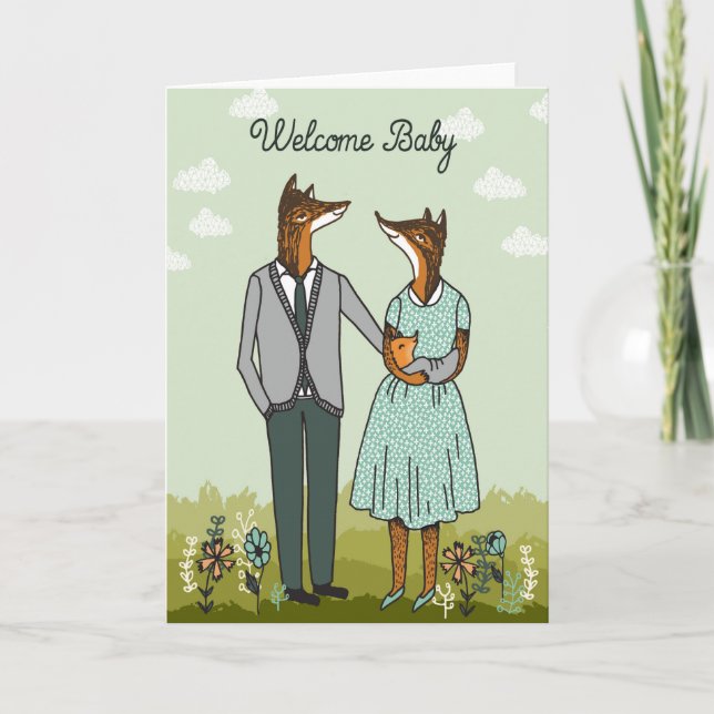 Welcome Baby - Hipster Foxes Baby Card (Front)