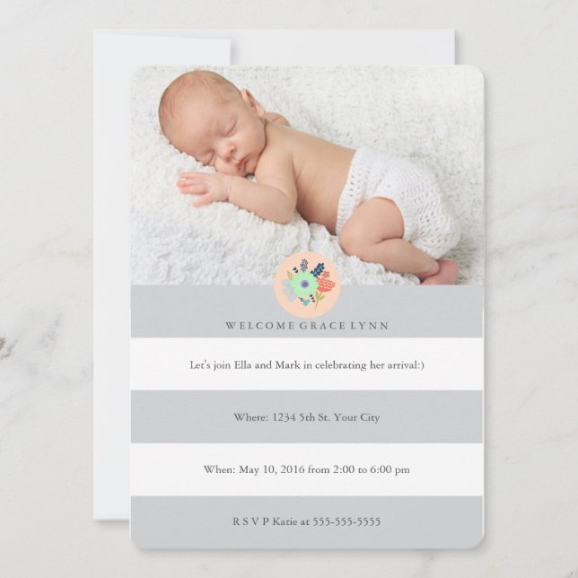 Welcome Baby invitation in grey, coral and mint (Front)