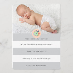 Welcome Baby invitation in grey, coral and mint
