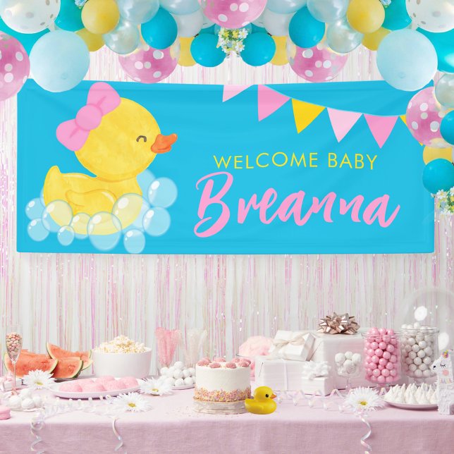 Welcome Baby Large Girl Rubber Duck Baby Shower Banner (Large Girl Rubber Duck Welcome Baby Hanging Vinyl Baby Shower Banner in Blue)
