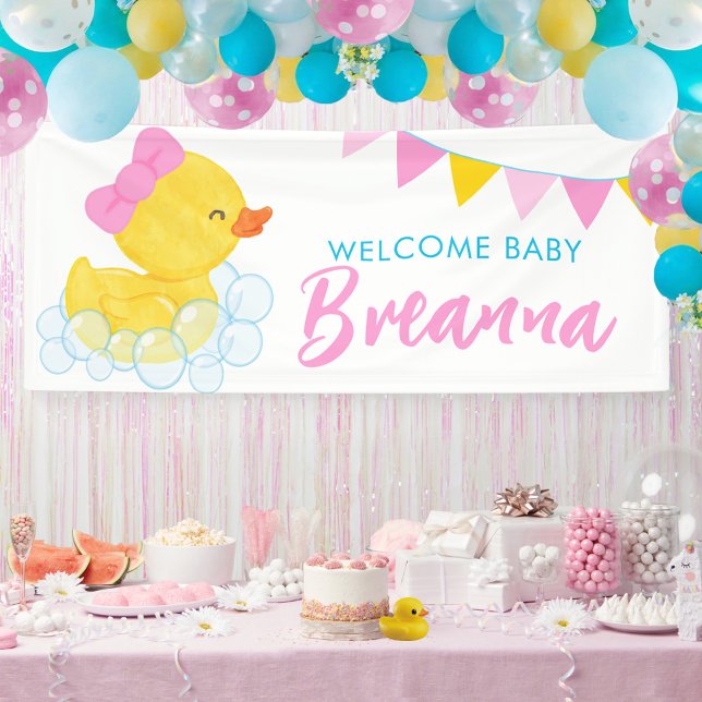 Welcome Baby Large Girl Rubber Duck Baby Shower Banner (Large Girl Rubber Duck Welcome Baby Hanging Vinyl Baby Shower Banner in White)