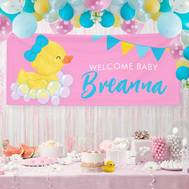 Welcome Baby Large Girl Rubber Duck Baby Shower Banner (Large Girl Rubber Duck Welcome Baby Hanging Vinyl Baby Shower Banner in Pink)