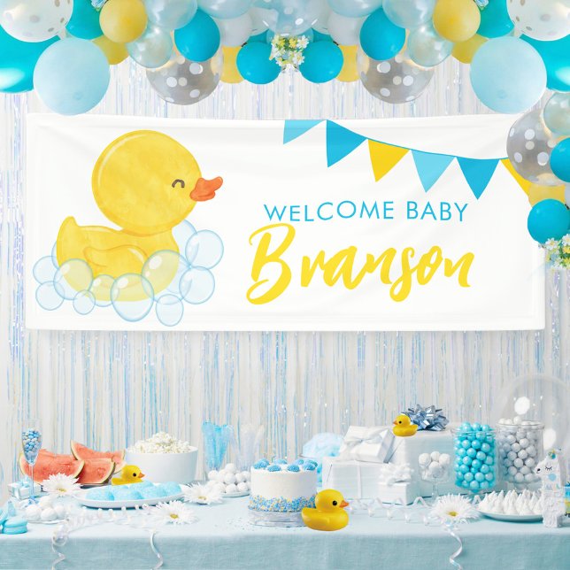 Welcome Baby Name Large Rubber Duck Baby Shower Banner (Large Welcome Baby Name Watercolor Boy Rubber Duck Baby Shower Hanging Vinyl Banner)