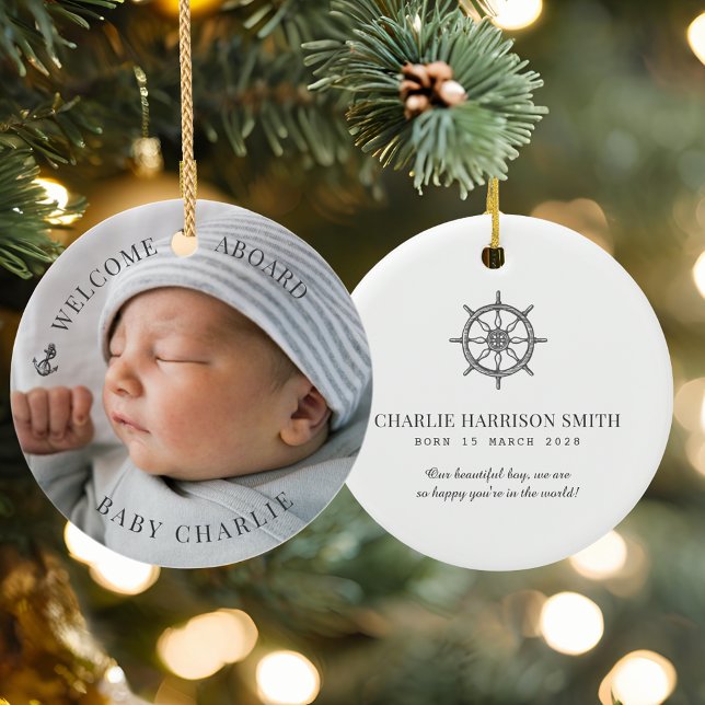Welcome Baby Photo  Ceramic Ornament ("Welcome Aboard" personalized baby photo Christmas Ornament )