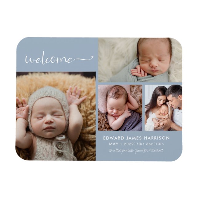 Welcome Baby Photo Collage Blue Birth Announcement Magnet (Horizontal)
