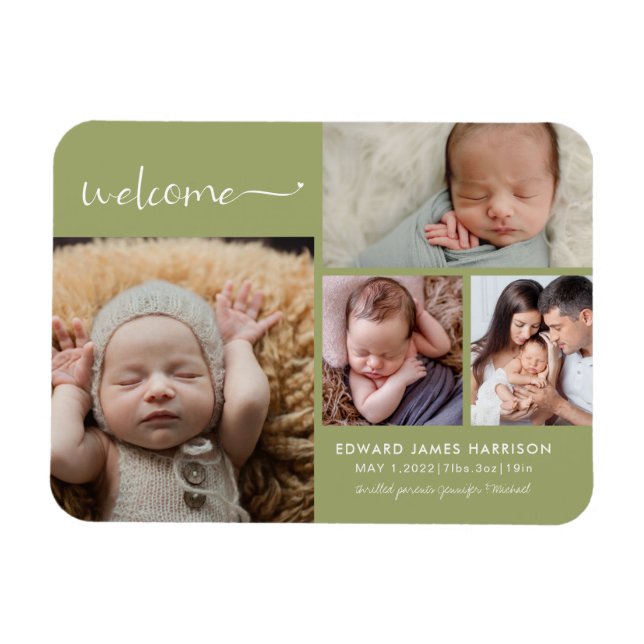 Welcome Baby Photo Collage Sage Birth Announcement Magnet (Horizontal)