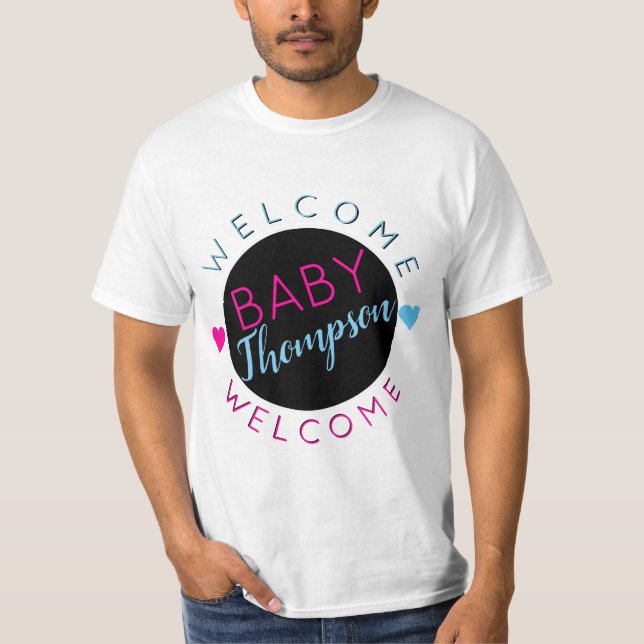 Welcome Baby| Pink & Blue Team Wheels T-Shirt (Front)