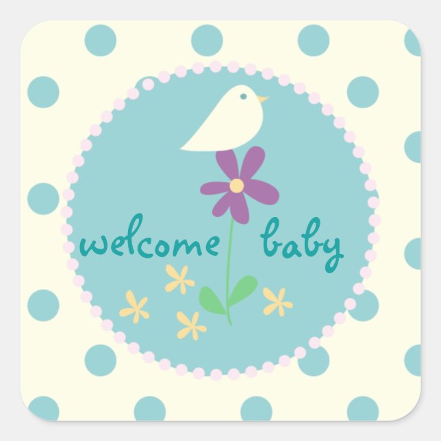 Welcome Baby Shower Blue Dot White Bird Square Sticker (Front)