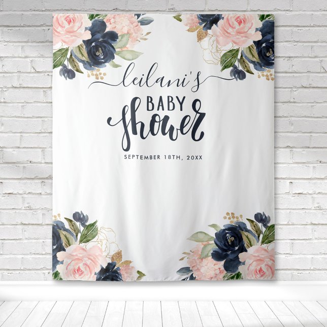 Welcome Baby Shower Navy Pink Floral Backdrop Tapestry (Blush pink and navy blue floral botanical baby shower typography tapestry perfect for photo ops.)