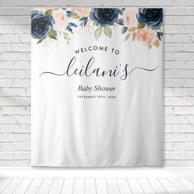 Welcome Baby Shower Navy Pink Floral Botanical Tapestry (Blue and Pink floral botanical baby shower welcome tapestry great for photo ops and backdrops.)