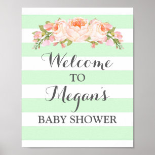 Welcome Baby Shower Sign Mint Flowers Stripes