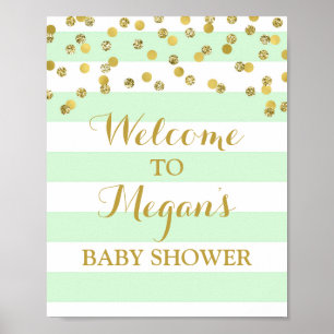 Welcome Baby Shower Sign Mint Stripe Gold Confetti