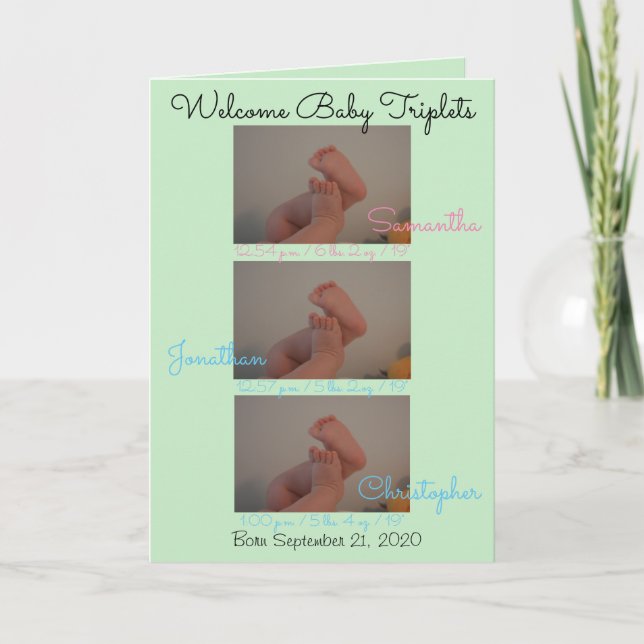 Welcome Baby Triplets Girl Boys Birth Stats PHOTOS Announcement (Front)