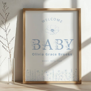 Welcome Baby Wildflower Baby Shower Dusty Blue Poster