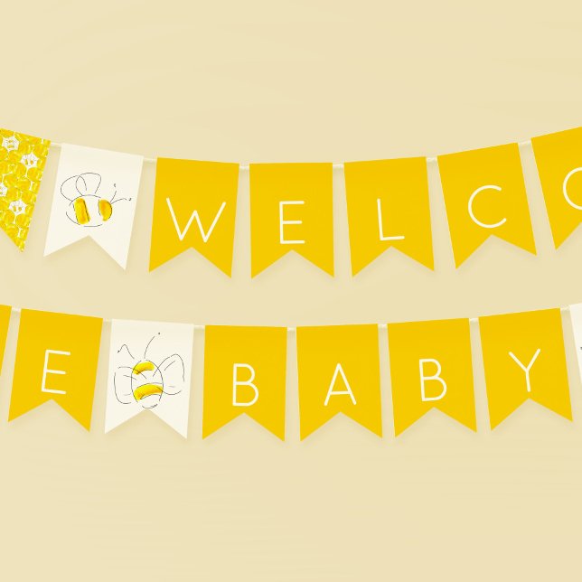 Welcome Baby Yellow Watercolor Bumble Bees Bunting (Baby Bee Baby Shower golden yellow bunting flags.)