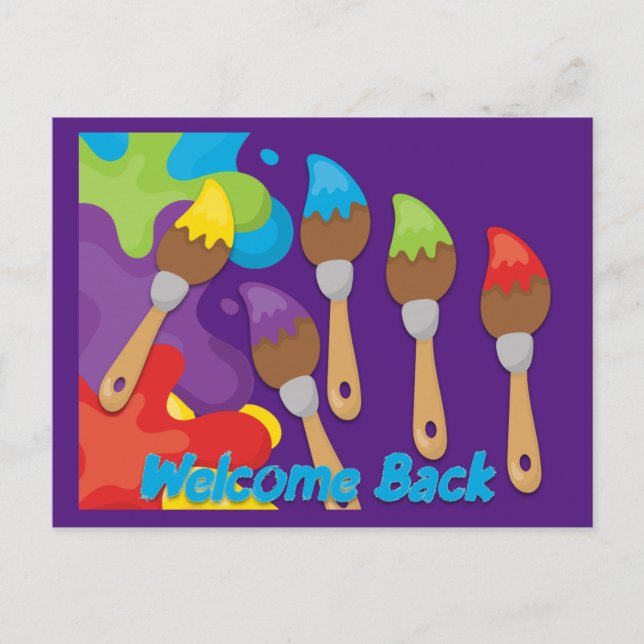 Welcome Back Paintbrushes Primary Colours Custom  Announcement Postcard (Front)