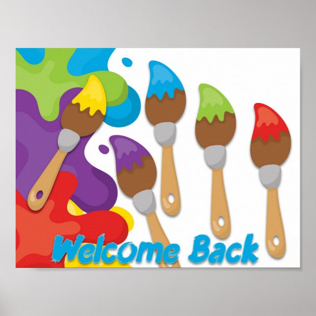 Welcome Back Paintbrushes with Primary Colours Poster (Front)