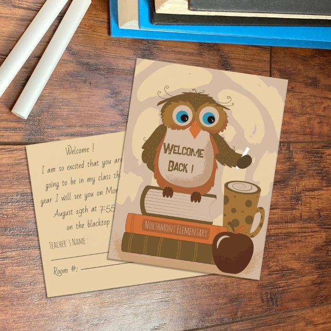 Welcome Back Teacher Owl Brown Postcard (Welcome back to school owl teacher postcard with school name .)
