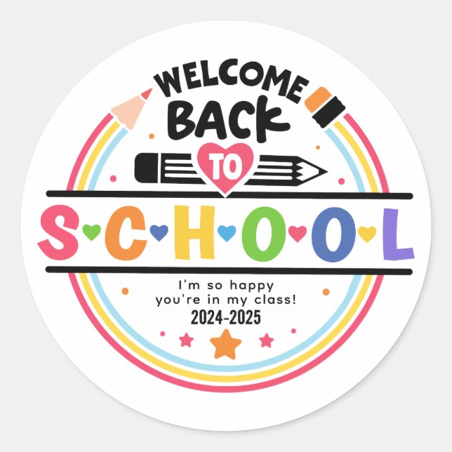 Welcome Back to School – Fun & Colourful Classroom Classic Round Sticker (Front)