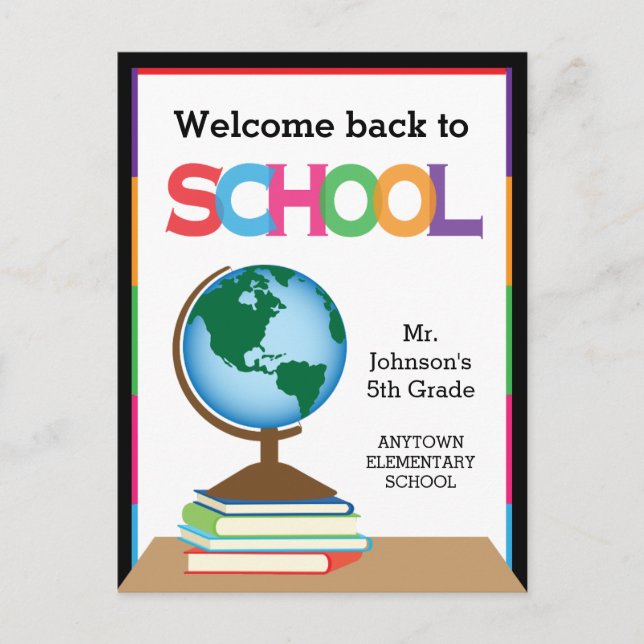 Welcome Back to School, Globe & Books Personalised Postcard (Front)