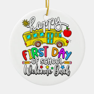 Welcome Back To School Happy First Day Teacher Bus Ceramic Ornament